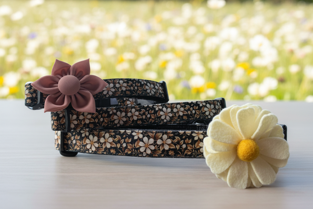 Black Isle Blossom black floral dog collar