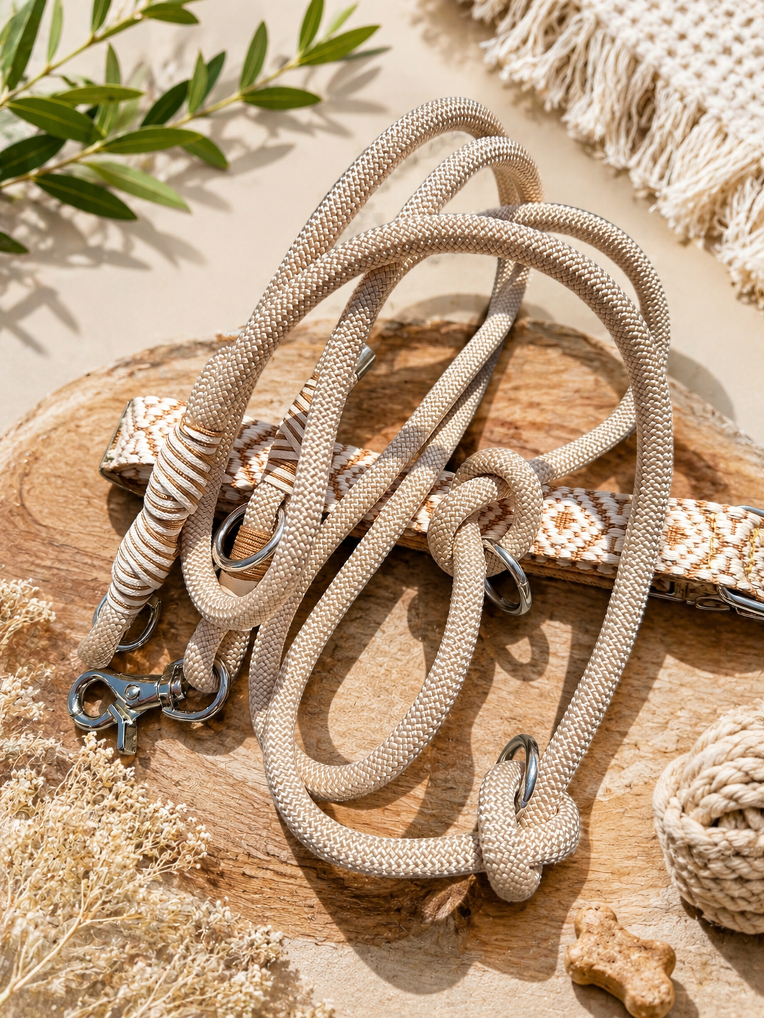 Cream jacquard dog collar and 2m multiway lead set – view 5