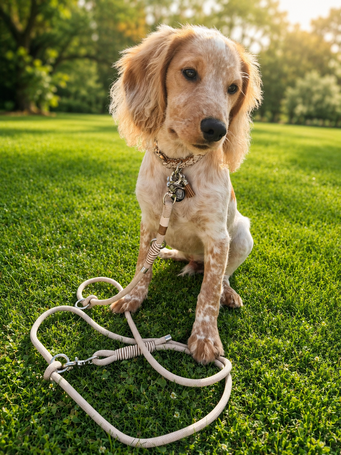 Cream jacquard dog collar and 2m multiway lead set – view 2