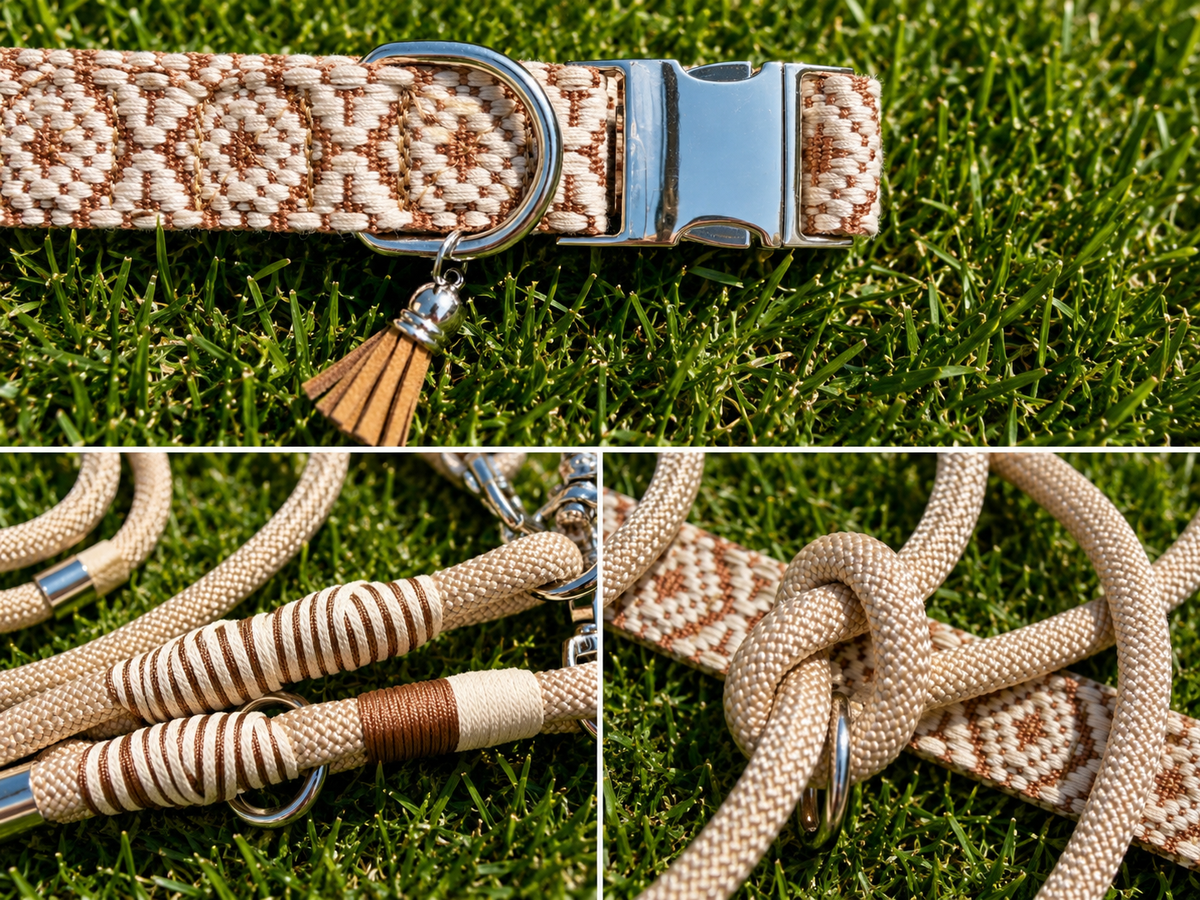 Cream jacquard dog collar and 2m multiway lead set – view 4