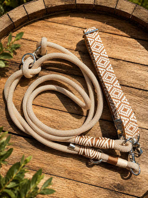 Cream jacquard dog collar and 2m multiway lead set