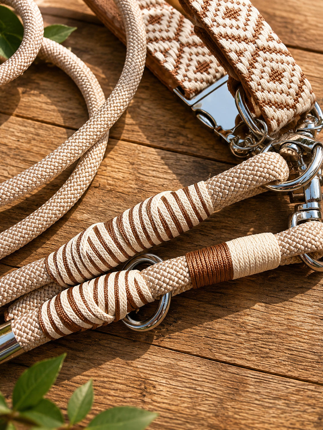 Cream jacquard dog collar and 2m multiway lead set – view 3