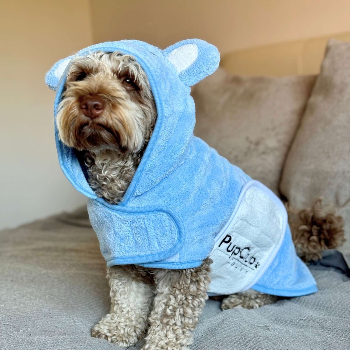 Blue microfibre dog drying robe – view 3