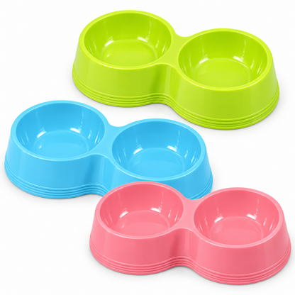 Double-compartment pet feeding bowls in lime green, sky blue and soft pink
