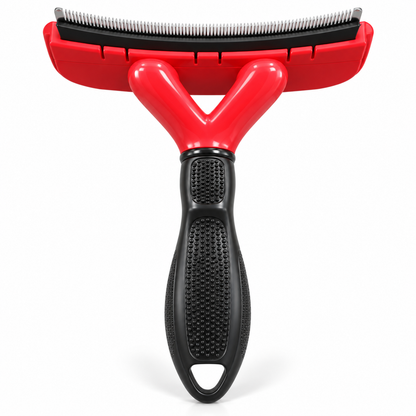Red and black pet deshedding tool with curved grooming edge and comfort-grip handle